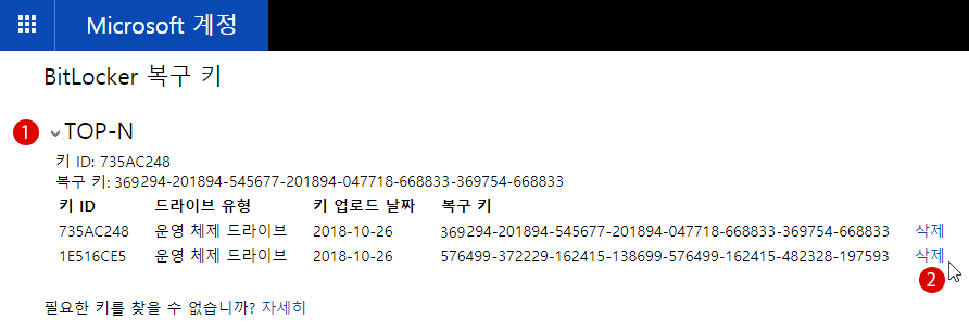 Microsoft계정의 BitLocker 복구 키