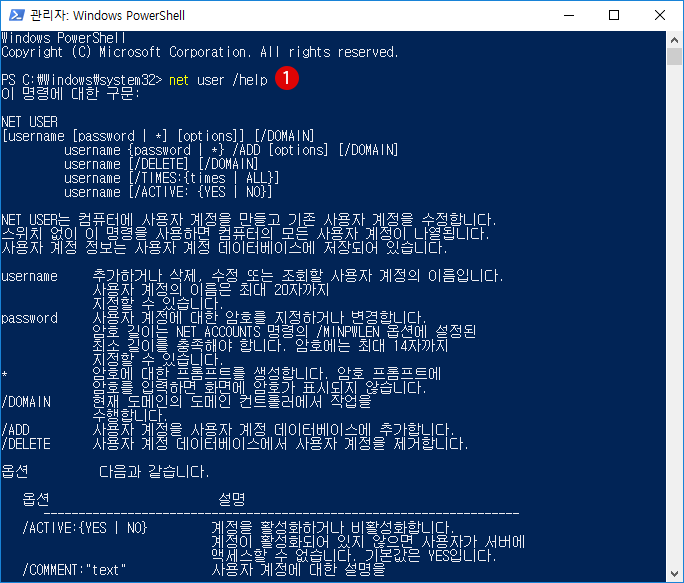 【Windows10】Windows PowerShell에서 사용자 계정/ 암호 작성하기