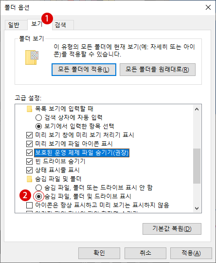 Windows 파일 탐색기에서 숨긴 파일과 시스템 파일을 표시