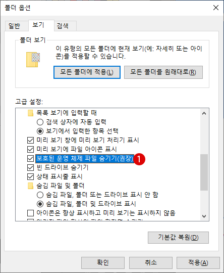 Windows 파일 탐색기에서 숨긴 파일과 시스템 파일을 표시