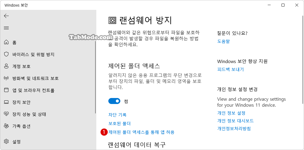 Windows 11 제어된 폴더 액세스 권한이 허용된 앱을 추가 또는 삭제하기