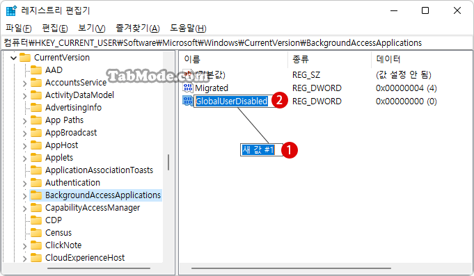 Windows 11 Registry Editor에서 백그라운드 앱을 비활성화하기