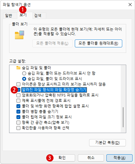 Windows 11 제어판에서 파일 확장명을 표시 또는 숨기기