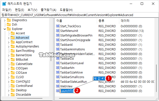 레지스트리 새 값 만들기: LaunchTo