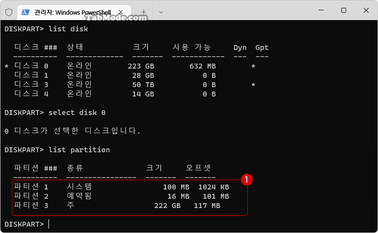 Windows 11 DISKPART를 사용하여 디스크 관리의 복구 파티션을 삭제하기