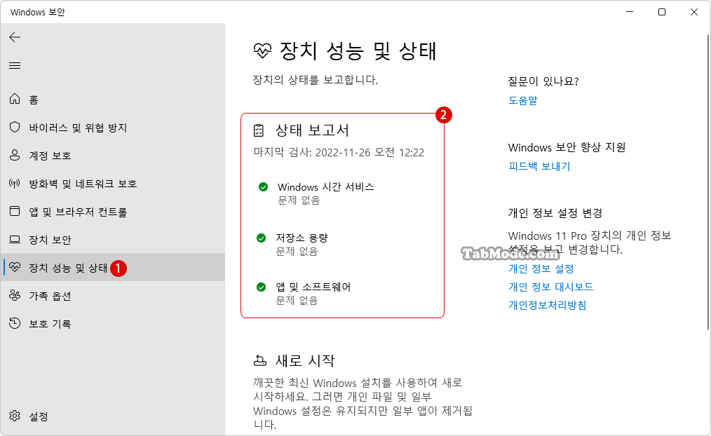 Windows 보안의 장치 성능 및 상태 숨기기